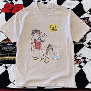 Gildan Grey T Shirt Fishy Cat Graphic Tee